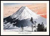 Woodblock print of snow-capped mountains and trees by Hiroaki Takahashi-0