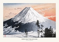 Woodblock print of snow-capped mountains and trees by Hiroaki Takahashi-1