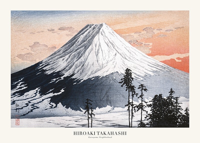 Woodblock print of snow-capped mountains and trees by Hiroaki Takahashi-12