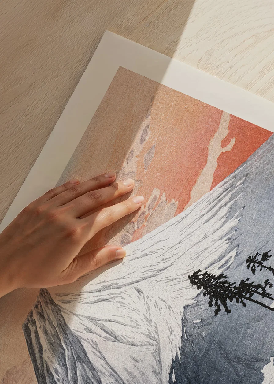 Woodblock print of snow-capped mountains and trees by Hiroaki Takahashi-12