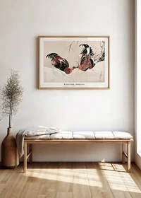 Two fighting roosters in a detailed Japanese woodcut style-2