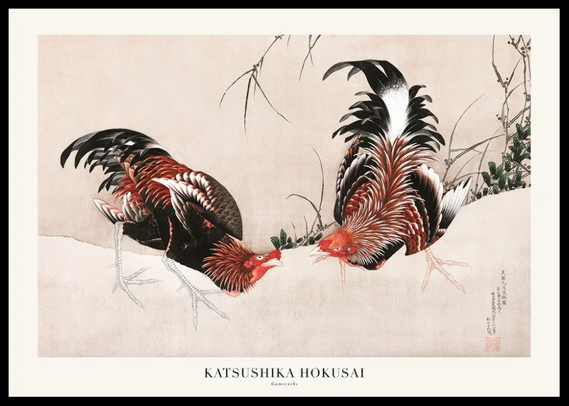 Two fighting roosters in a detailed Japanese woodcut style-12