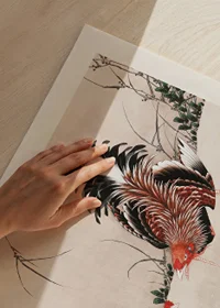 Two fighting roosters in a detailed Japanese woodcut style-3
