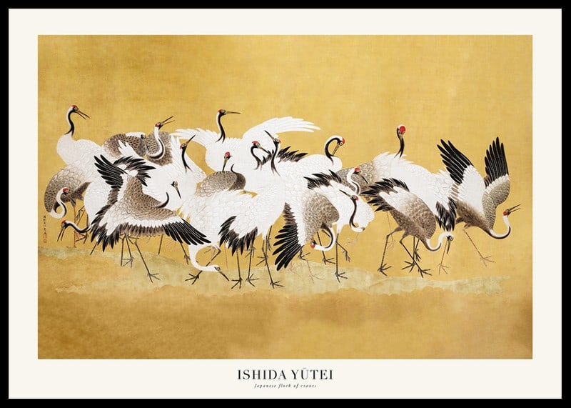 Classical painting of cranes in a group against a golden yellow background-12
