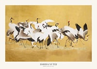 Classical painting of cranes in a group against a golden yellow background-1