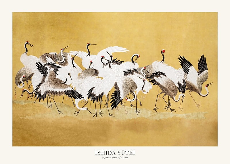 Classical painting of cranes in a group against a golden yellow background-12