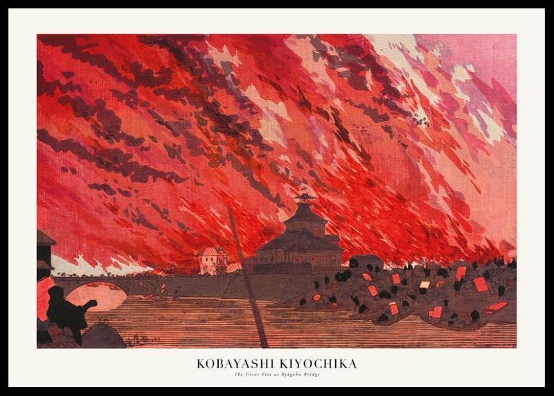Japanische Holzschnittillustration eines großen Feuers an einer Brücke, Rot- und Schwarztöne von Kobayashi Kiyochika-12