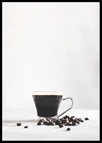 Photographic close-up of coffee glass and coffee beans, light background-6