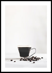 Photographic close-up of coffee glass and coffee beans, light background-0