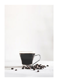 Photographic close-up of coffee glass and coffee beans, light background-1