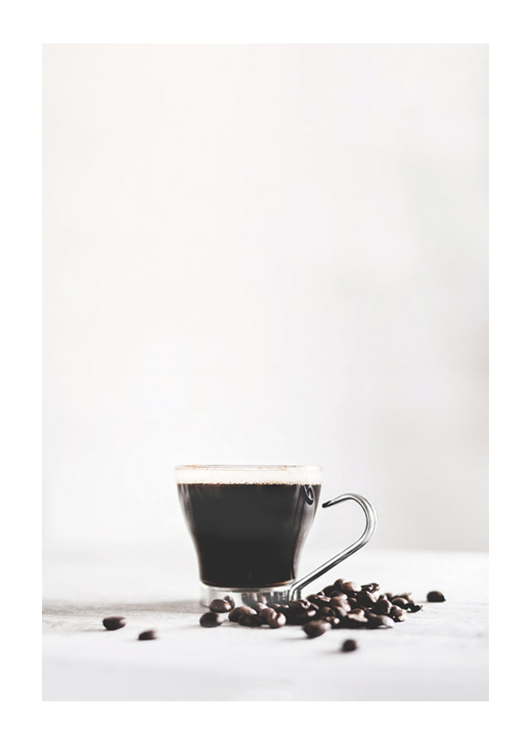 Photographic close-up of coffee glass and coffee beans, light background-12