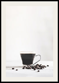 Photographic close-up of coffee glass and coffee beans, light background-2