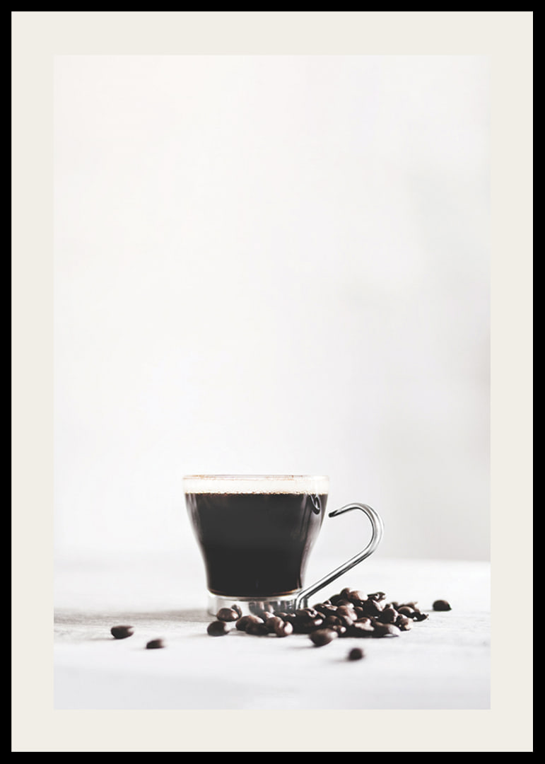 Photographic close-up of coffee glass and coffee beans, light background-12