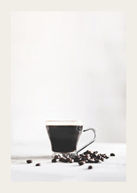 Photographic close-up of coffee glass and coffee beans, light background-3