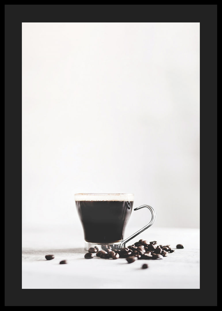 Photographic close-up of coffee glass and coffee beans, light background-12