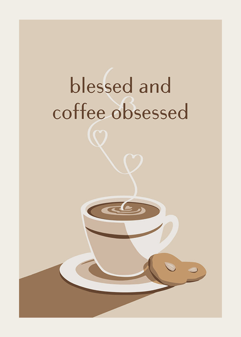 Ilustrēta kafijas krūze ar sirds formas tvaikiem un kūku bēšos toņos-12