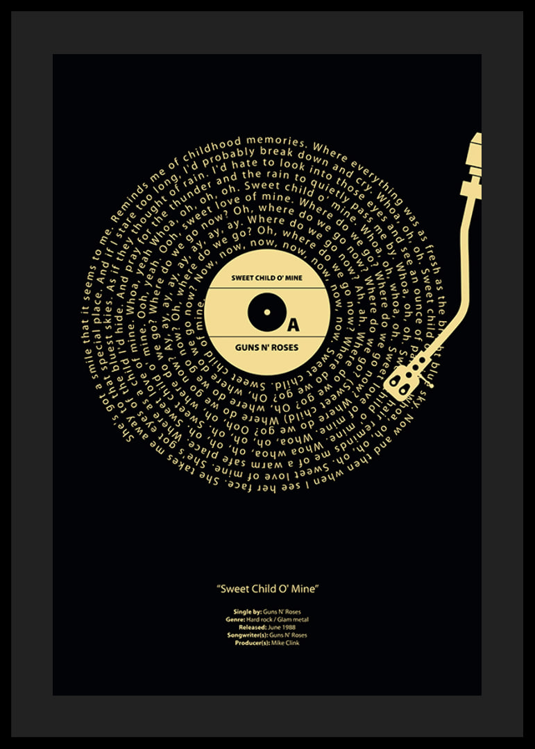 Disco de vinilo gráfico con letras de canciones de Guns N’ Roses en amarillo sobre fondo negro.-12