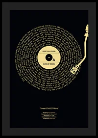 Graphic vinyl record with Guns N’ Roses song lyrics in yellow against black-0