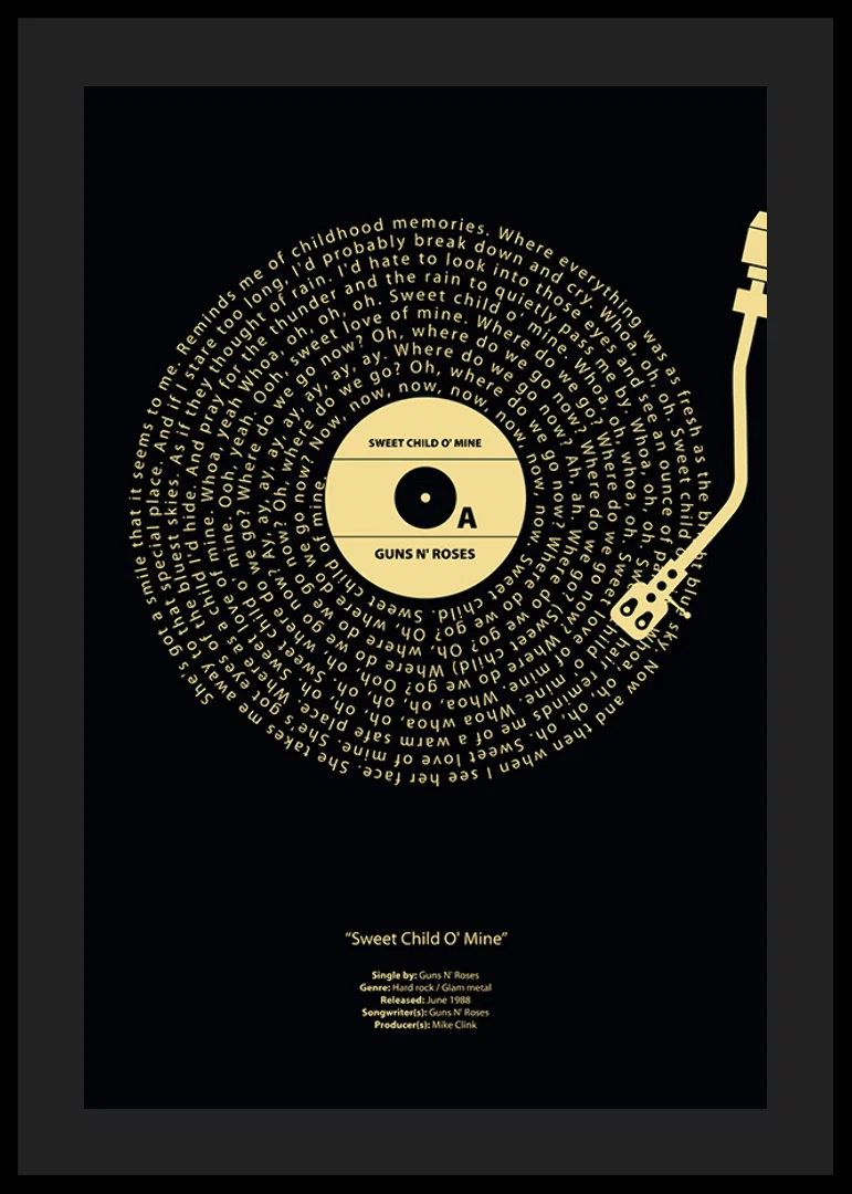 Graphic vinyl record with Guns N’ Roses song lyrics in yellow against black-12