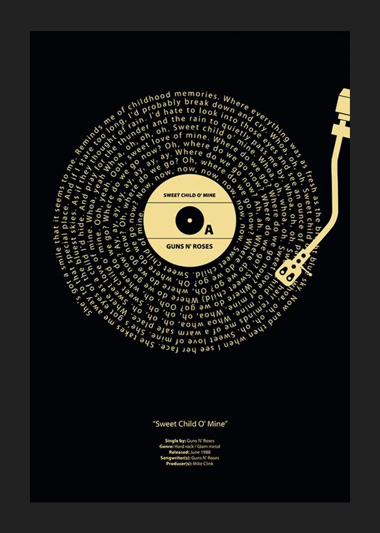 Graphic vinyl record with Guns N’ Roses song lyrics in yellow against black-12
