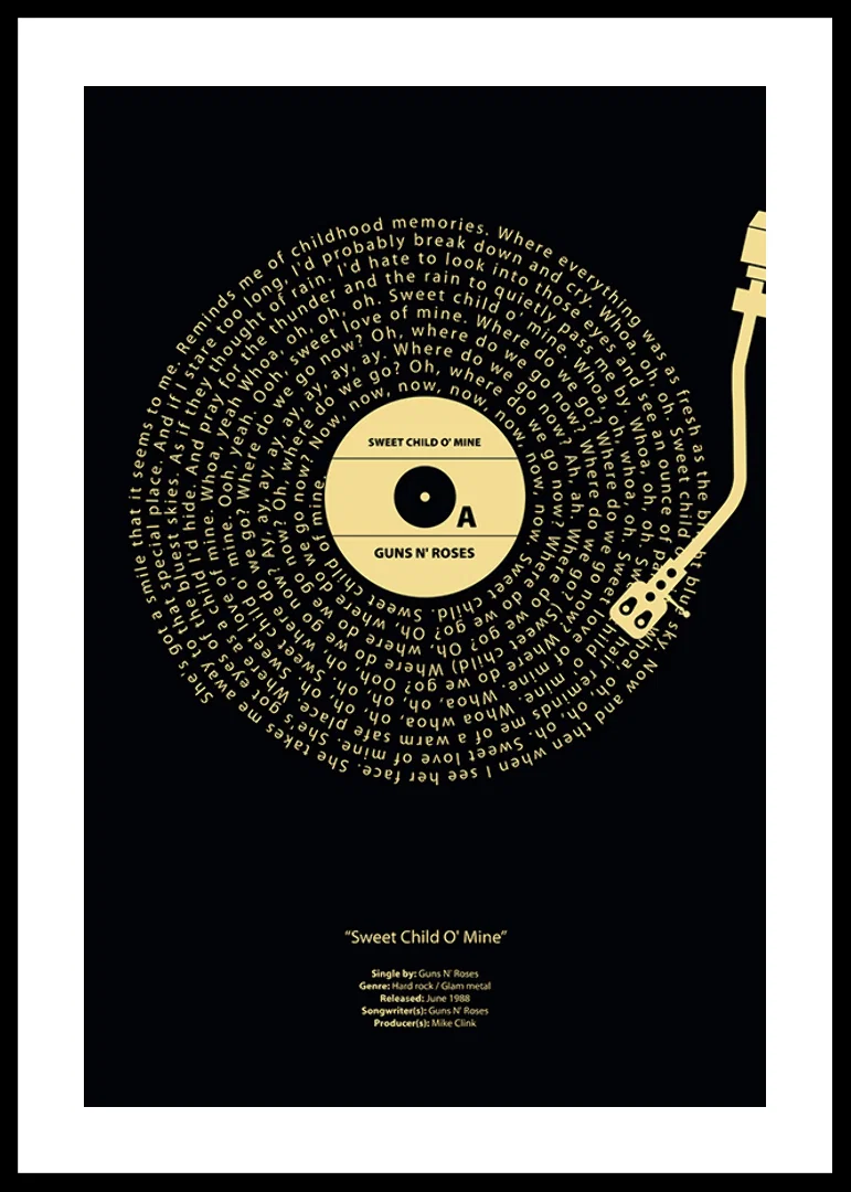 Graphic vinyl record with Guns N’ Roses song lyrics in yellow against black-12