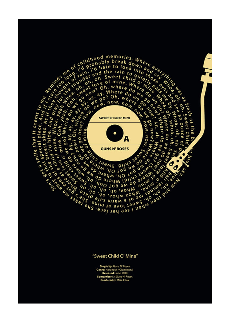 Disco de vinilo gráfico con letras de canciones de Guns N’ Roses en amarillo sobre fondo negro.-12