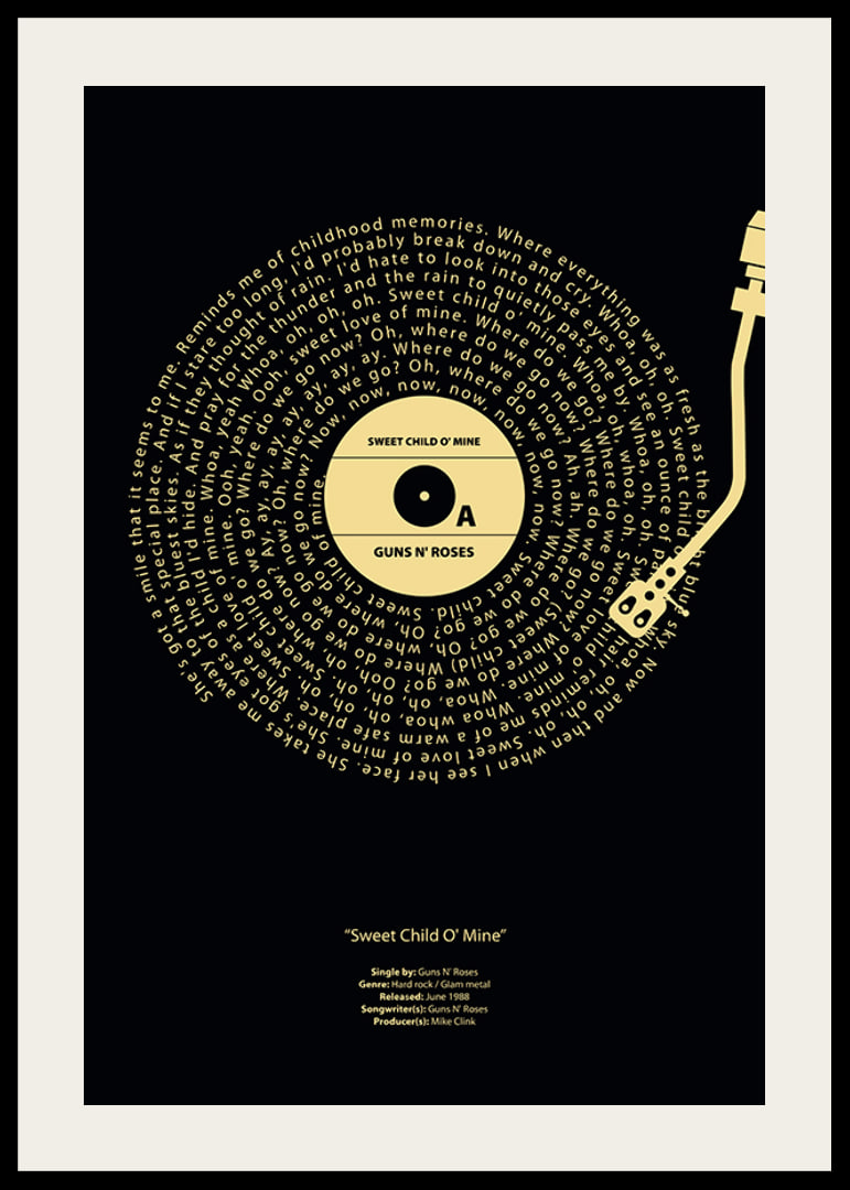 Disco de vinilo gráfico con letras de canciones de Guns N’ Roses en amarillo sobre fondo negro.-12
