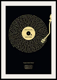 Graphic vinyl record with Guns N’ Roses song lyrics in yellow against black-4