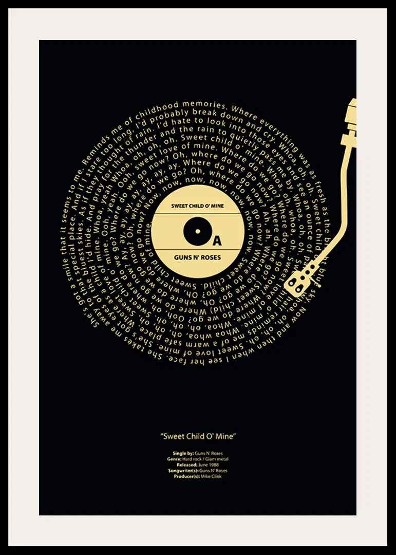 Graphic vinyl record with Guns N’ Roses song lyrics in yellow against black-12