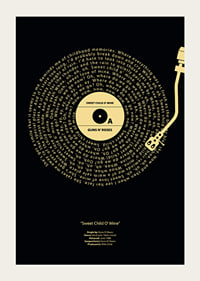 Disco de vinilo gráfico con letras de canciones de Guns N’ Roses en amarillo sobre fondo negro.-5
