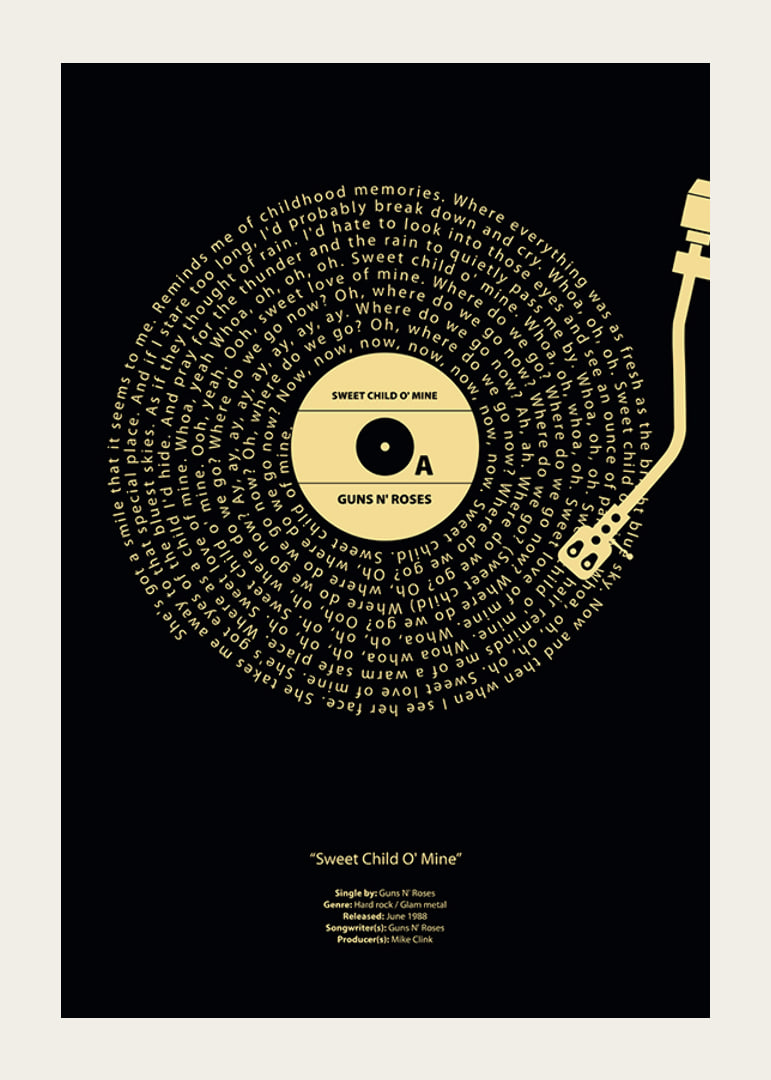 Disco de vinilo gráfico con letras de canciones de Guns N’ Roses en amarillo sobre fondo negro.-12
