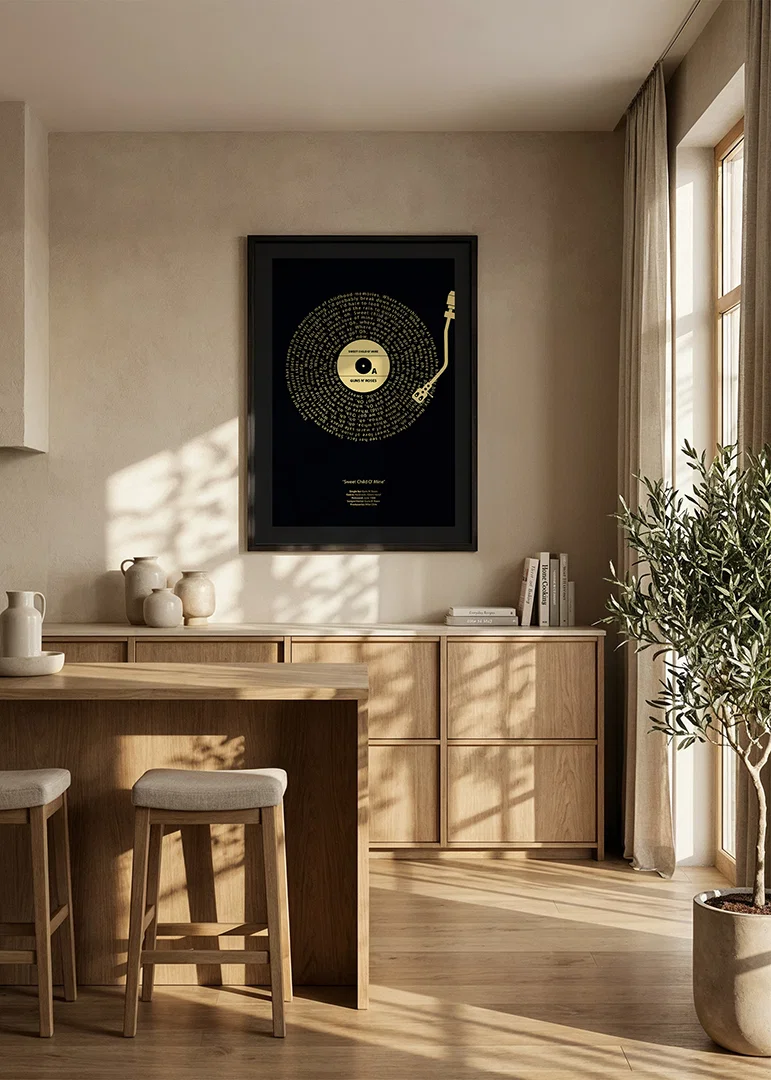 Graphic vinyl record with Guns N’ Roses song lyrics in yellow against black-12