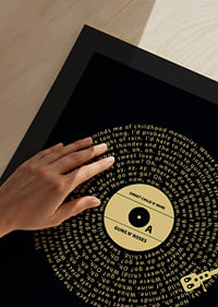 Disco de vinilo gráfico con letras de canciones de Guns N’ Roses en amarillo sobre fondo negro.-9