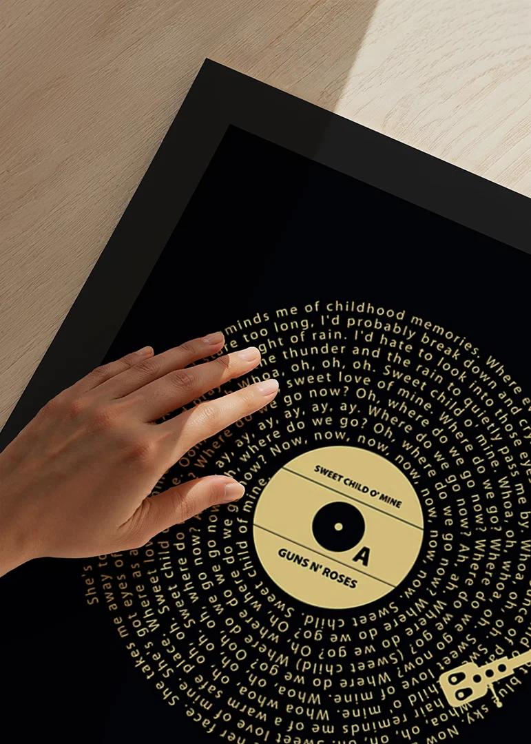 Graphic vinyl record with Guns N’ Roses song lyrics in yellow against black-12