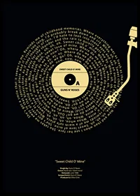 Graphic vinyl record with Guns N’ Roses song lyrics in yellow against black-6