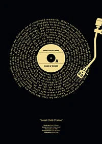 Graphic vinyl record with Guns N’ Roses song lyrics in yellow against black-7
