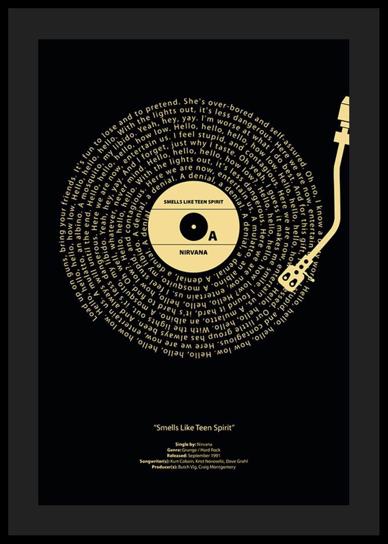 Graphic vinyl record with Nirvana song lyrics in yellow on black-12