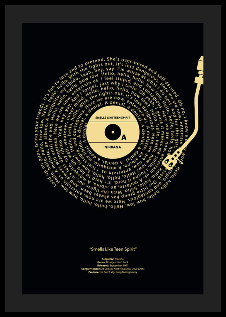 Grafikus bakelitlemez Nirvana dalszöveggel, sárga alapon fekete színben-12