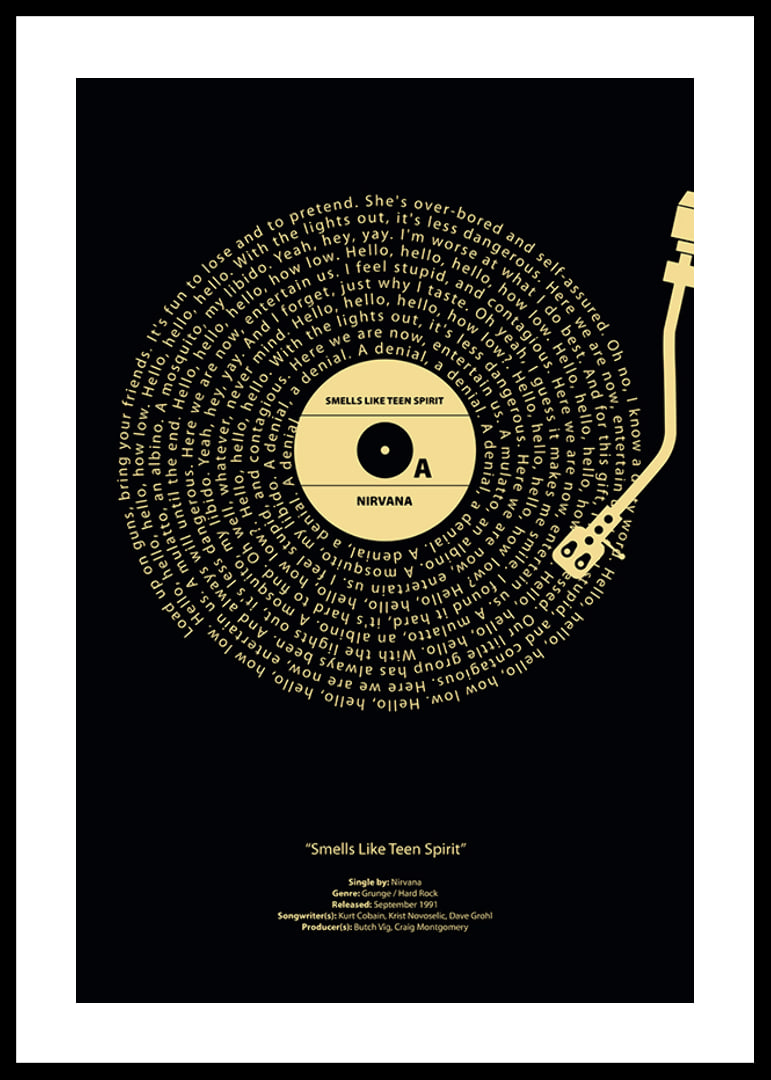Graphic vinyl record with Nirvana song lyrics in yellow on black-12