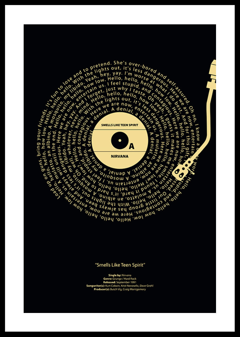 Grafikus bakelitlemez Nirvana dalszöveggel, sárga alapon fekete színben-12