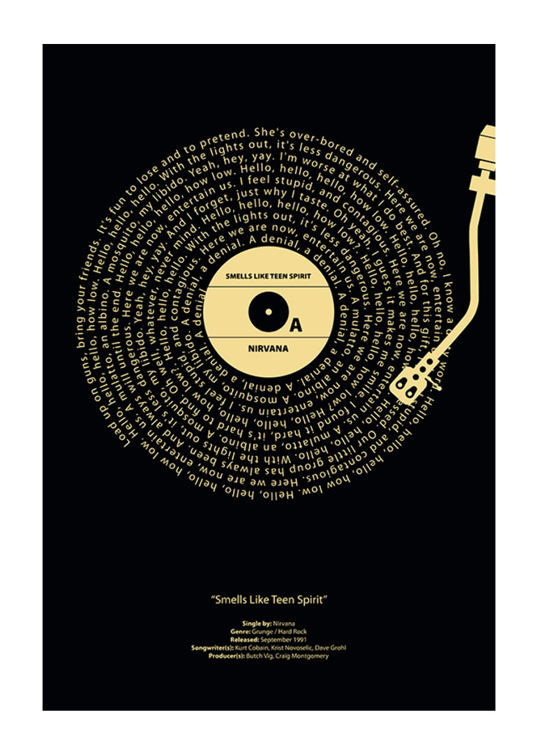 Graphic vinyl record with Nirvana song lyrics in yellow on black-12