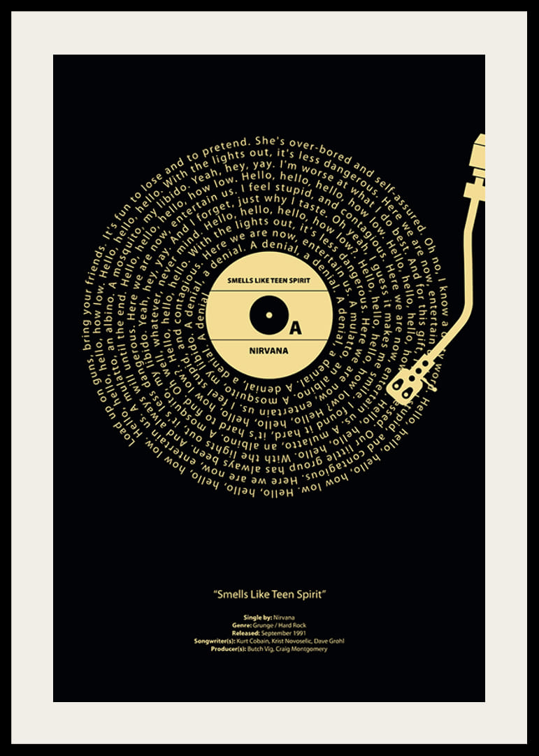 Grafikus bakelitlemez Nirvana dalszöveggel, sárga alapon fekete színben-12