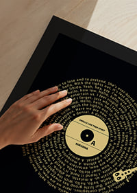 Graphic vinyl record with Nirvana song lyrics in yellow on black-9