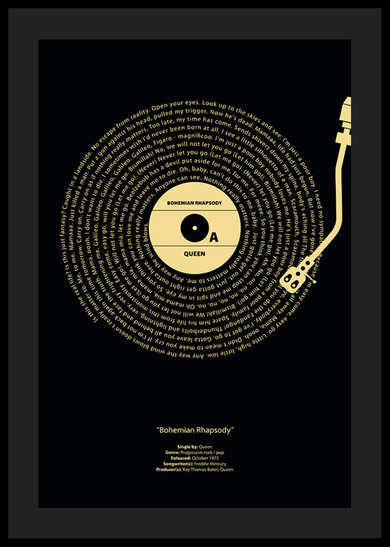 Grafisk vinylplade med Queen-tekst på sort og gul baggrund-12