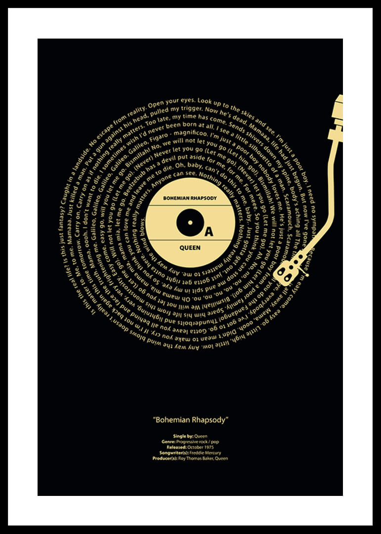 Grafisk vinylplade med Queen-tekst på sort og gul baggrund-12