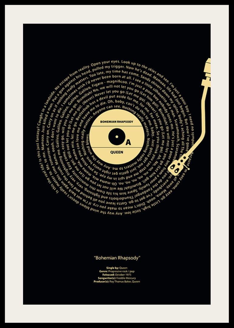 Grafisk vinylplade med Queen-tekst på sort og gul baggrund-12
