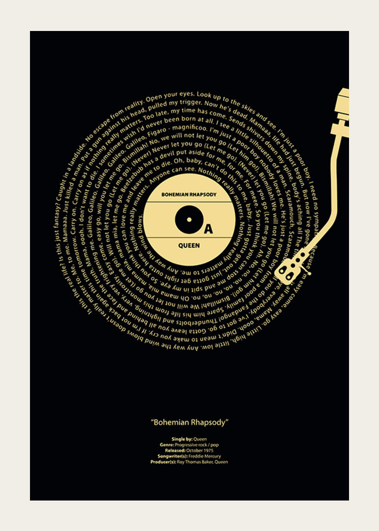 Grafisk vinylplade med Queen-tekst på sort og gul baggrund-12