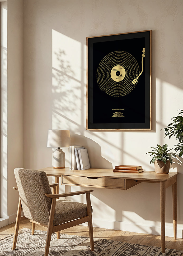 Disco de vinilo gráfico con texto de Queen sobre fondo negro y amarillo.-12