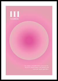 Abstrakt cirkulär illustration i rosa toner med texten 111-0