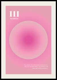 Abstrakta apļveida ilustrācija rozā toņos ar tekstu 111-2